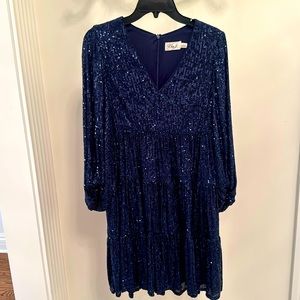 Eliza J Navy Tiered Fit & Flare Sequined V Neck 3/4 Balloon Sleeve
